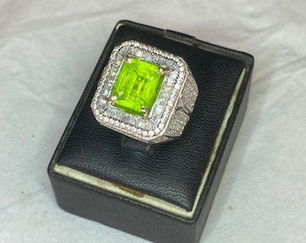 Lab Created Emerald Cut Ring, Silver Plated Men's Statement Ring, Masculine Gemstone Jewelry