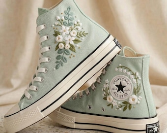 White Flower Converse Custom Embroidered Sneakers, Chuck Taylor Floral Hand Sewn Shoes Unique Style