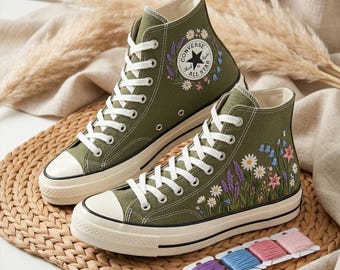Wildflower Converse Sneakers, Custom Embroidered Meadow Floral Pattern High Top Canvas Shoes Detailed