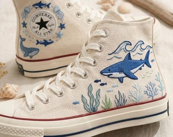 Zapatillas Converse Shark Ocean, zapatillas altas con bordado personalizado de tiburón marino, zapatos costeros personalizados