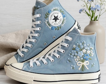 Custom Light White Floral Converse High Top Sneakers, Hand Embroidered Minimal Flower Canvas Shoes