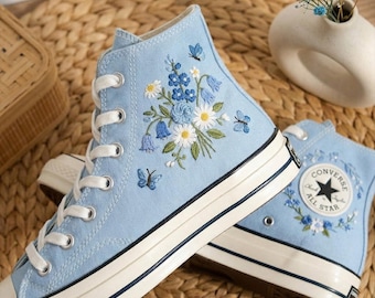 Custom Embroidered Converse High Tops, Blue Butterfly Floral Sneakers, Personalized Chuck Taylor Wildflower Canvas