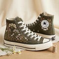 Custom Embroidered Olive Green Converse, Botanical Daisy Grass Hand-stitched Sneakers product logo