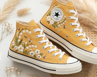 Converse Custom Embroidered Floral Bee Sneakers, Yellow High Top Hand Stitched Wedding Gift Shoes