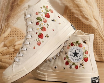 Handmade Custom Embroidered Converse, Bee Strawberry Sneakers, Floral Garden Theme Shoes Nature Inspired