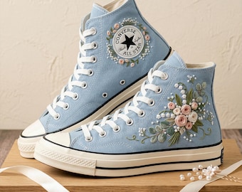Handmade Custom Embroidered Converse, Blue Wedding Sneakers, Bridal Something Blue Shoes, Lace Detail