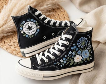 Custom Embroidered Converse High Tops, Blue White Floral Sneakers, Elegant Gift For Her Handmade