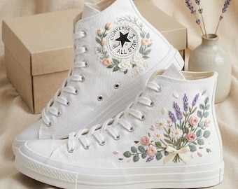 Custom Wedding Flower Converse High Top Sneakers, Hand Embroidered Bridal Floral Chuck Taylor Shoes