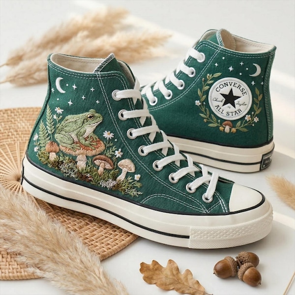 Custom Embroidered Frog Mushroom Converse, Hand-Embroidered Forest Green Shoes