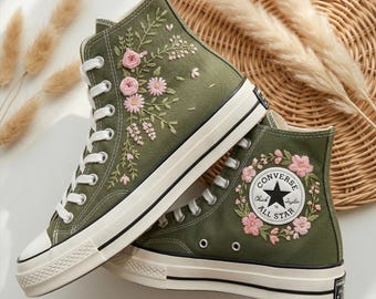 Olive Green Flower Converse Custom High Top Sneakers, Hand Embroidered Rustic Floral Chuck Taylor
