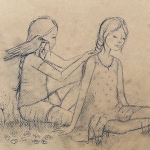 Sisters Art Print: Two Girls with Crow, Charcoal Illustration
