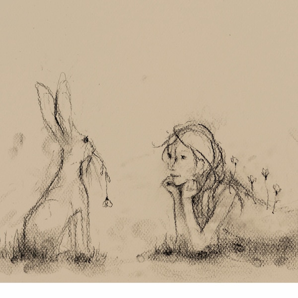 Jack Rabbit - PRINT of original drawing - 5 x 7 or 8 x 10 - Giclee - Forest Friend - Simple Sketch - Charcoal Illustration - Book Page Art