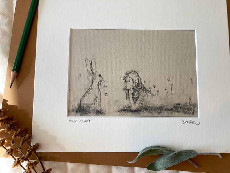 Jack Rabbit Matted Art Print Fits 8 x 10 Frame Forest Friend Simple Sketch Charcoal Illustration Book Page Art image 6