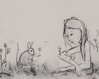 Clover Field Charcoal Illustration – Framed Fairytale Rabbit Sketch Drawing