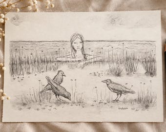 Charcoal Sketch of Girl and Birds – 11x14 Unframed Wall Art