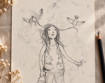 Whimsical Girl With Flowers and Birds Drawing | Woodland Children's Book Illustration (11 x 14 Inches)