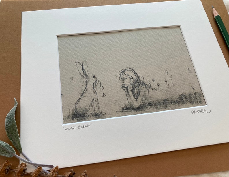 Jack Rabbit Matted Art Print Fits 8 x 10 Frame Forest Friend Simple Sketch Charcoal Illustration Book Page Art image 3