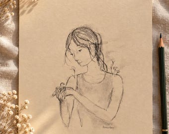 Delicate Bird Charcoal Sketch | Whimsical Storybook Illustration Art (Original ) 11 x 14