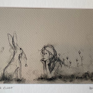 Jack Rabbit Matted Art Print Fits 8 x 10 Frame Forest Friend Simple Sketch Charcoal Illustration Book Page Art image 5