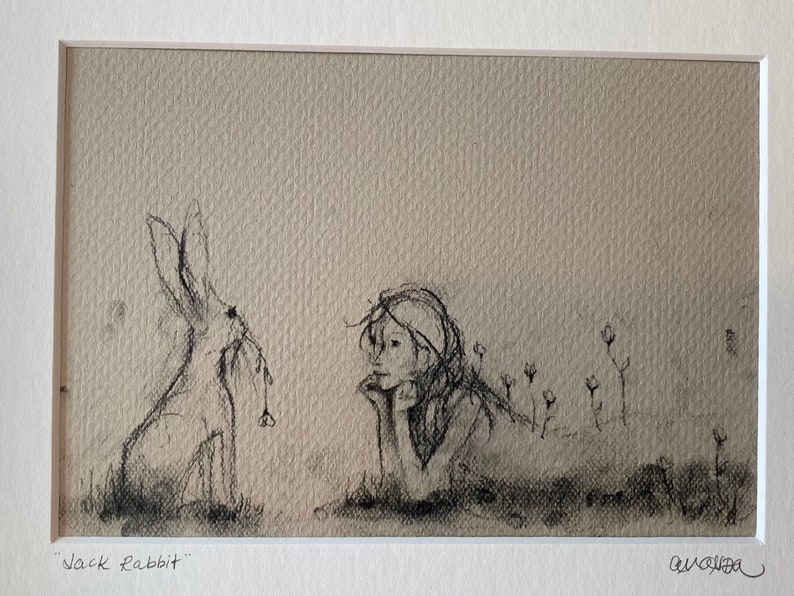 Jack Rabbit Matted Art Print Fits 8 x 10 Frame Forest Friend Simple Sketch Charcoal Illustration Book Page Art image 5