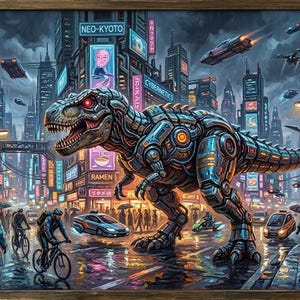 Puede incluir: Impresión artística digital enmarcada que representa una ciudad futurista con un T-Rex mecánico en el centro. Los letreros de neón dicen "Neo-Kyoto" y "Ramen". La gente camina con paraguas bajo la lluvia. Hay vehículos voladores en el cielo.