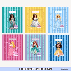 Puede incluir: Seis portadas de cuadernos de composición con princesas de dibujos animados en vestidos de varios colores sobre fondos a rayas. Cada portada incluye un marco decorativo, el texto COMPOSITION NOTEBOOK y un espacio para un nombre.