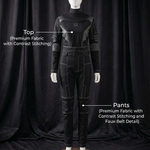 May include: A black costume displayed on a mannequin. The costume includes a top and pants made of premium fabric with white contrast stitching. The pants have a faux-belt detail. The text "Costume Includes" is at the top.