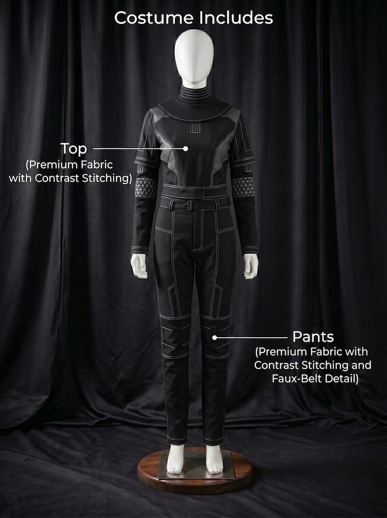 May include: A black costume displayed on a mannequin. The costume includes a top and pants made of premium fabric with white contrast stitching. The pants have a faux-belt detail. The text "Costume Includes" is at the top.