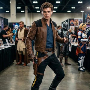 Może przedstawiać: Osoba w brązowej skórzanej kurtce, niebieskiej koszuli, czarnych spodniach i butach pozuje na konwencie. Kurtka ma czarne naszywki na ramionach. Kabura z pistoletem jest przymocowana do prawej nogi. Inni cosplayerzy są w tle.