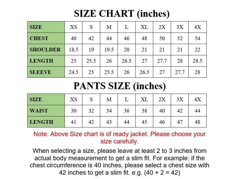 Puede incluir: Una tabla de tallas en pulgadas para chaquetas y pantalones. La tabla incluye medidas de pecho, hombro, largo, manga, cintura y largo, con tallas de XS a 4X. El texto aconseja dejar 5-7.5 cm para un ajuste ce&ntilde;ido.
