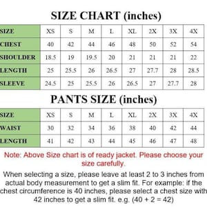 May include: A size chart in inches for jackets and pants. The chart includes measurements for chest, shoulder, length, sleeve, waist, and length, with sizes ranging from XS to 4X. The text advises leaving 2-3 inches for a slim fit.