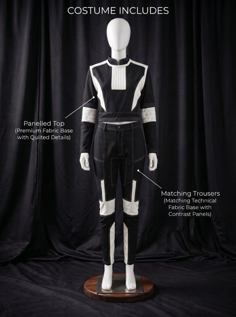 Puede incluir: Un disfraz en blanco y negro exhibido en un maniqu&iacute;. El disfraz incluye una parte superior con paneles y detalles acolchados y pantalones a juego con paneles en contraste. El texto "COSTUME INCLUDES" est&aacute; en la parte superior.
