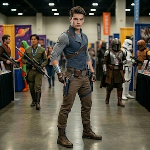 Może przedstawiać: Cosplayer w niebieskiej kamizelce, brązowych spodniach i butach, pozujący na konwencie. Strój zawiera pas narzędziowy, rękawice i kaburę. Inni cosplayerzy w kostiumach Star Wars są w tle.