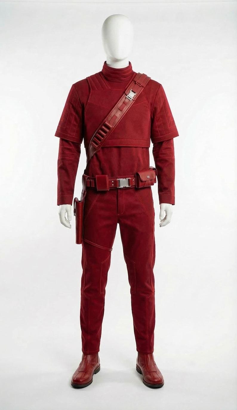 May include: A complete red costume displayed on a mannequin. The outfit includes a high-collared top, pants, belt with pouches, shoulder strap, and boots. The costume has a textured appearance and is likely made of a durable fabric.
