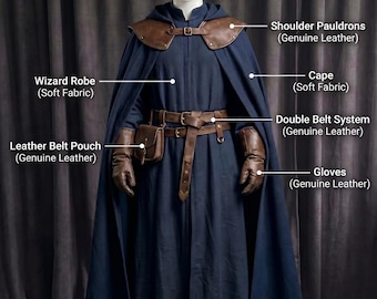 May include: A blue wizard costume featuring a pointed felt hat, a soft fabric robe and cape, brown leather shoulder pauldrons, a double belt system with a pouch, leather gloves, and brown leather ankle boots. Text reads: Costume Includes.