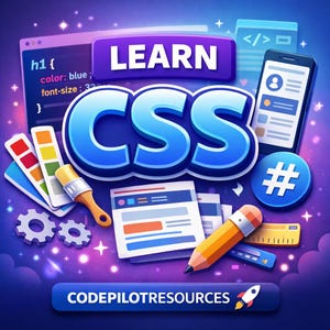 May include: A vibrant graphic promoting CSS learning. The image features the word "CSS" in large, blue, 3D letters, surrounded by coding-related icons, a smartphone, and the text "LEARN". The bottom banner reads "CODEPILOTRESOURCES".