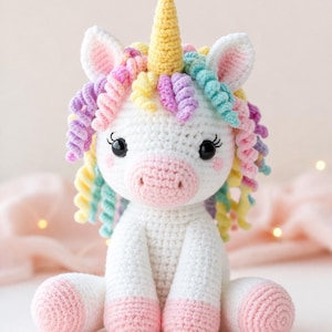 May include: A handmade crochet unicorn doll with a white body, pink hooves and muzzle, and a yellow horn. The unicorn has colorful curly hair in shades of pink, yellow, and blue. The doll is sitting on a light pink surface.