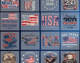 Puede incluir: Colección de diseños patrióticos que celebran el 250 aniversario de los Estados Unidos. Cada diseño presenta la bandera estadounidense, estrellas y los textos "USA", "250 Years" y "1776-2026". Varios estilos incluyen águilas, lazos y referencias históricas.