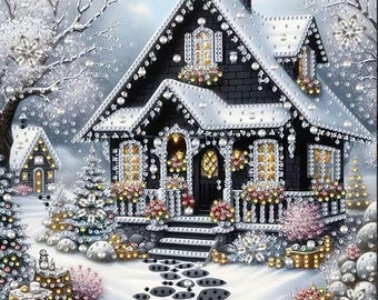 May include: A diamond painting kit featuring a dark house covered in snow with sparkling white accents. The scene includes snow-dusted trees, a stone pathway, and glowing windows. The design is embellished with numerous round crystals that create a shimmering effect across the roof, walls, and surrounding winter landscape.