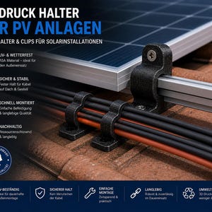 Pode incluir: Suportes e clipes pretos impressos em 3D para instalações de painéis solares. A imagem mostra os suportes prendendo cabos pretos e laranja a um trilho de metal, com um painel solar ao fundo. O texto na imagem diz "3D Druck Halter für PV Anlagen".