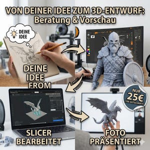 Könnte beinhalten: Ein Bild, das den 3D-Designprozess zeigt, von der ersten Skizze bis zum fertigen Produkt. Der Prozess umfasst Skizzieren, digitales Design, Slicing und ein 3D-gedrucktes Drachenmodell. Text: "VON DEINER IDEE ZUM 3D-ENTWURF" und "Beratung & Vorschau".