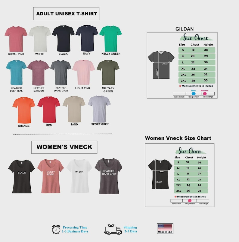 May include: A collection of short-sleeved t-shirts in various colors including coral, white, black, navy, green, teal, maroon, gray, pink, olive, orange, red, and sand. Includes two size charts with measurements in inches for unisex and v-neck shirts.