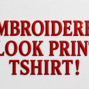 May include: The text EMBROIDERED LOOK PRINT TSHIRT! is displayed in bold, red, capital letters. The font has a textured appearance that mimics the look of embroidery with visible stitching details on a plain, light-colored background.