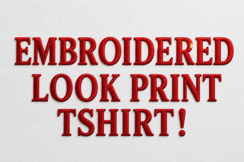 May include: The text EMBROIDERED LOOK PRINT TSHIRT! is displayed in bold, red, capital letters. The font has a textured appearance that mimics the look of embroidery with visible stitching details on a plain, light-colored background.