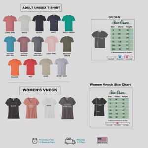 May include: A color chart for Gildan adult unisex t-shirts and women's v-neck t-shirts. The image displays various shirt colors including coral pink, white, black, navy, kelly green, deep teal, maroon, dark gray, light pink, olive, orange, red, sand, and sport grey.