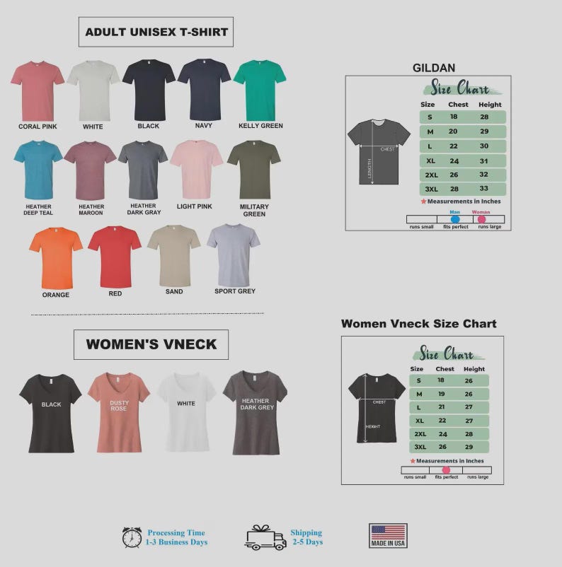 May include: A color chart for Gildan adult unisex t-shirts and women's v-neck t-shirts. The image displays various shirt colors including coral pink, white, black, navy, kelly green, deep teal, maroon, dark gray, light pink, olive, orange, red, sand, and sport grey.