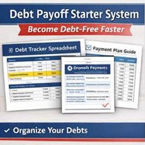 Op de afbeelding: Een verzameling financiële documenten getiteld "Debt Payoff Starter System". De documenten omvatten een "Debt Tracker Spreadsheet", een "Payment Plan Guide" en een document met de naam "Orome Payments". De tekst "Become Debt-Free Faster" en "Organize Your Debts" is ook zichtbaar.