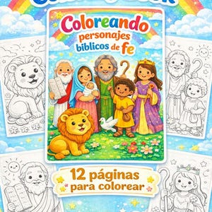 Peut inclure: Un livre de coloriage pour enfants intitulé "Easy Coloring Book" avec le texte "Coloreando personajes biblicos de fe". La couverture présente des illustrations de personnages bibliques, un lion et un arc-en-ciel. Le livre contient 12 pages à colorier.