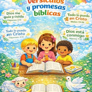 May include: A vibrant illustration depicting three children with angel wings, reading from open books. The image includes Spanish text, a lamb, a dove, and a sun. The theme appears to be religious education or children's Bible stories.