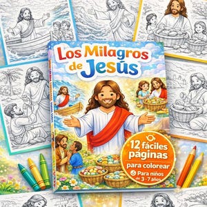 以下が含まれることがあります： 「Los Milagros de Jesús」（イエスの奇跡）というタイトルの子供向け塗り絵。イエスのイラストが描かれています。表紙には、腕を広げて微笑むイエスが描かれています。3〜7歳のお子様向けの12ページの塗り絵で、クレヨンと色鉛筆が付属しています。